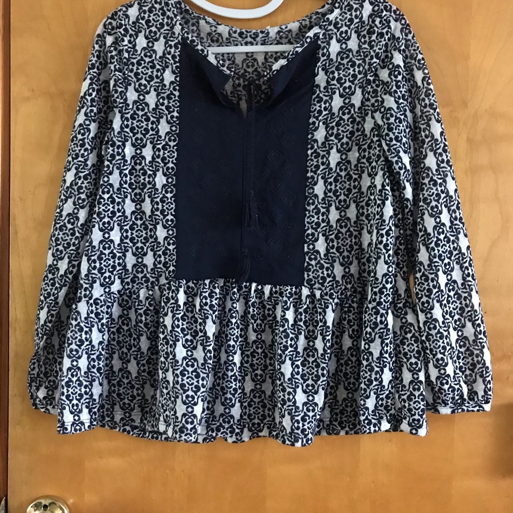 Navy and White Printed Peasant Tunic with Embroidered Bib